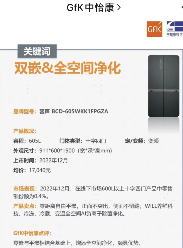 中怡康发布“现象级”家电名单 容声WILL无边界冰箱榜上有名